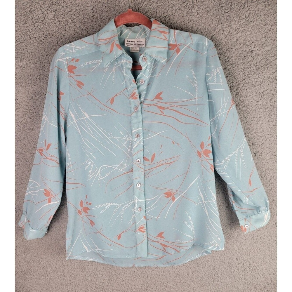 DA-RUE Womens Blouse 4P Vintage 70s Button-Up Light Blue Ethereal USA Timeless